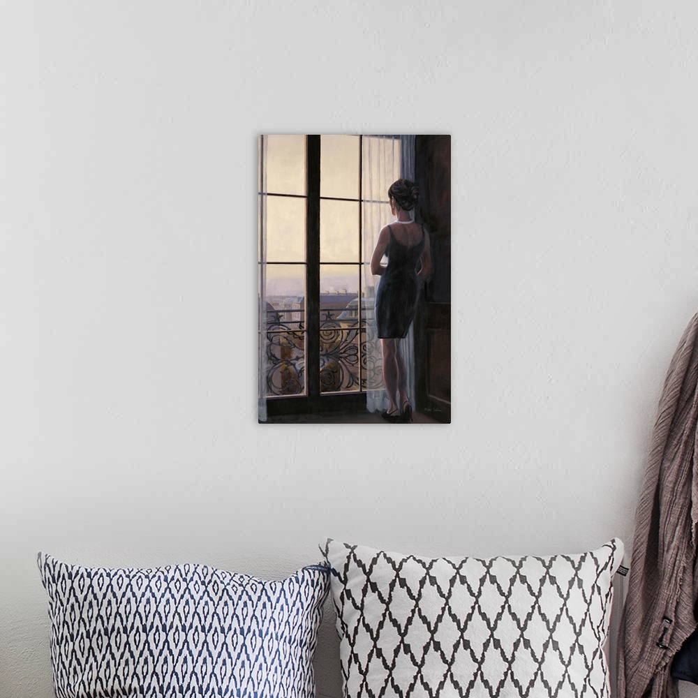A bohemian room featuring Contemporary painting of a woman looking out a window onto the city of Paris.