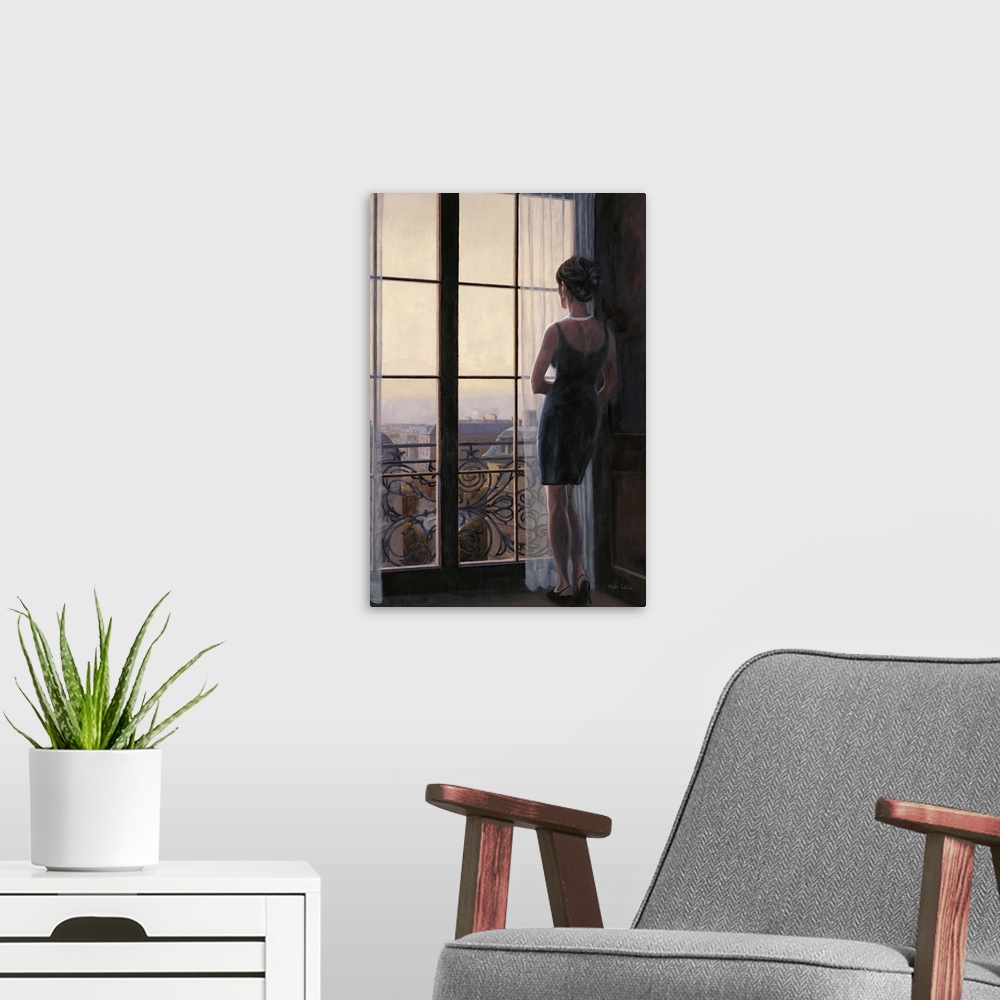 A modern room featuring Contemporary painting of a woman looking out a window onto the city of Paris.