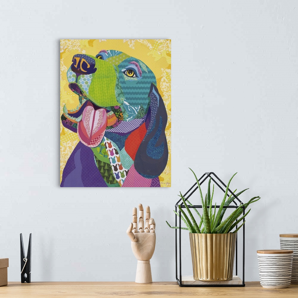 A bohemian room featuring Colorful collage artwork of a happy dog with its tongue hanging out
