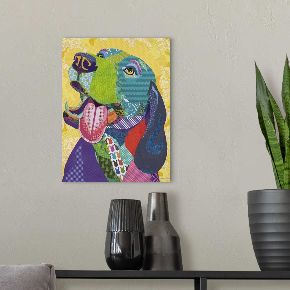 A modern room featuring Colorful collage artwork of a happy dog with its tongue hanging out