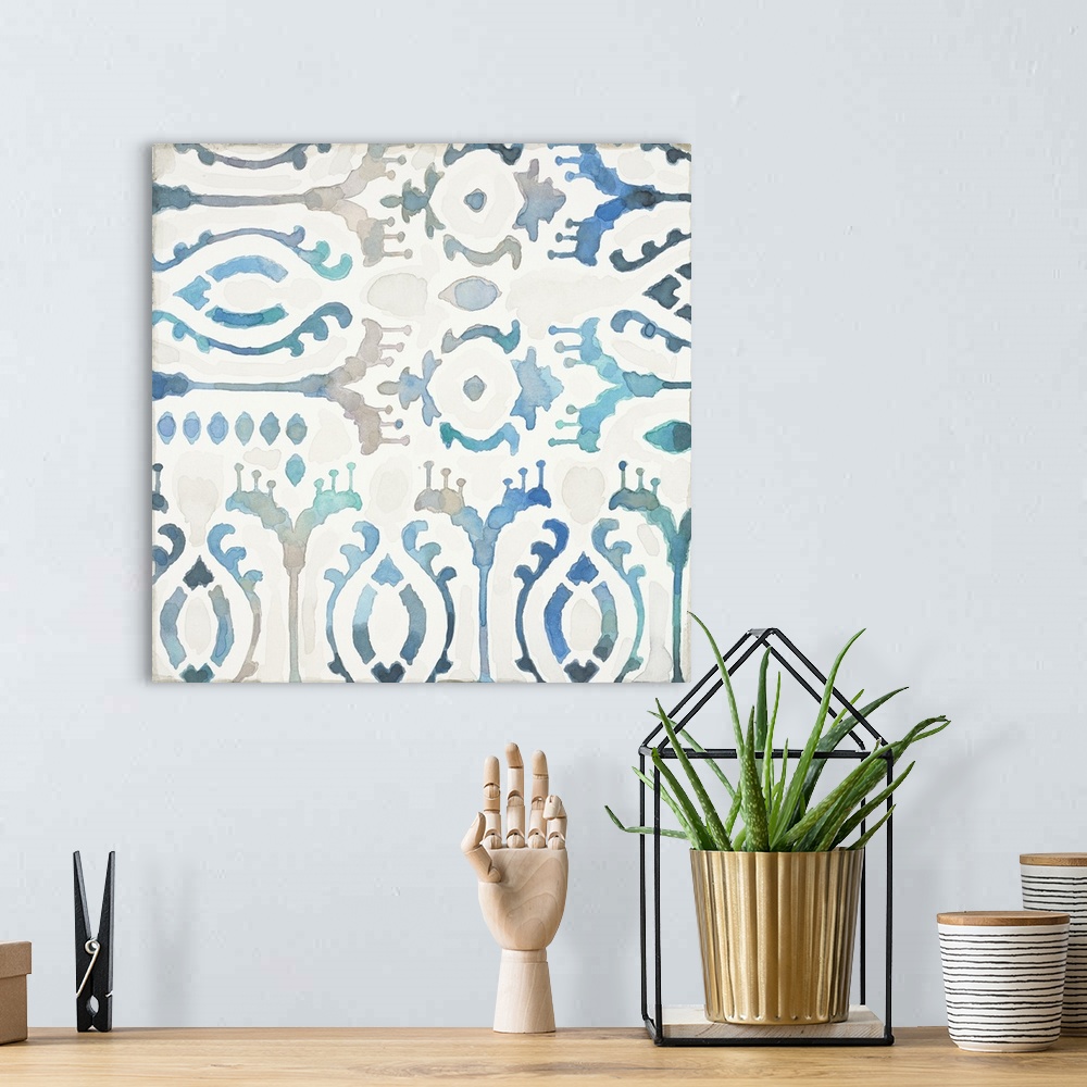 A bohemian room featuring Contemporary watercolor blue patterned tile.