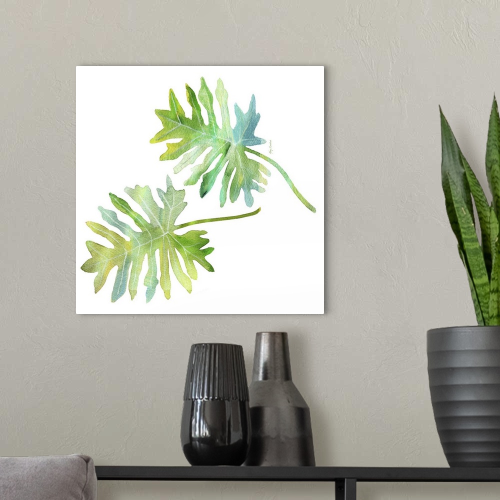 A modern room featuring Contemporary colorful tropical pal frond against a white background.