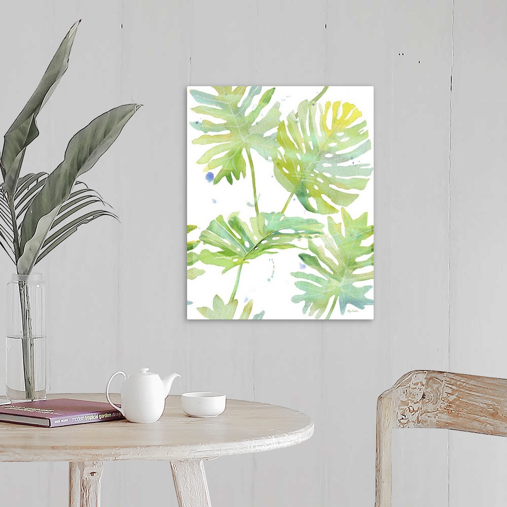 A farmhouse room featuring Contemporary colorful tropical pal frond against a white background.