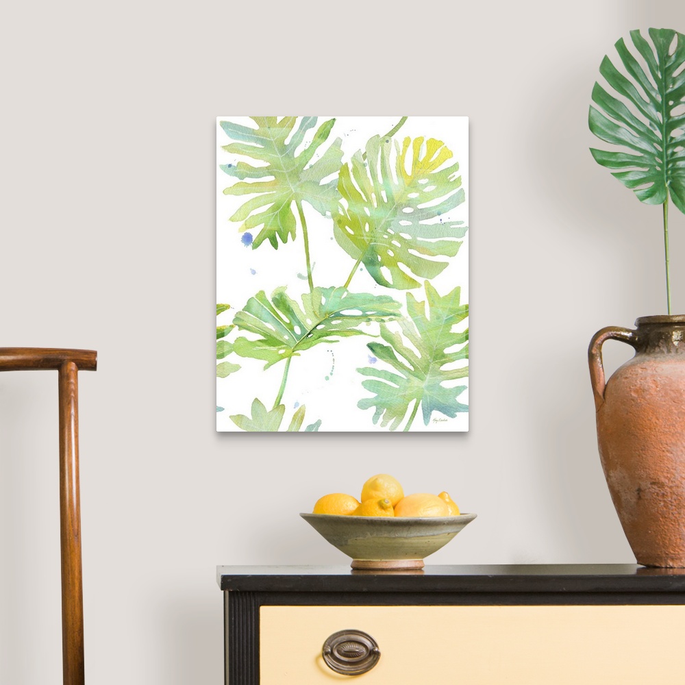 A traditional room featuring Contemporary colorful tropical pal frond against a white background.