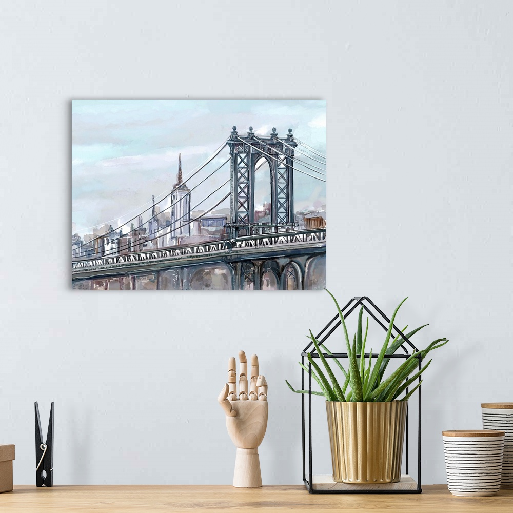 A bohemian room featuring Contemporary home decor artwork of the Manhattan Bridge in New York city.