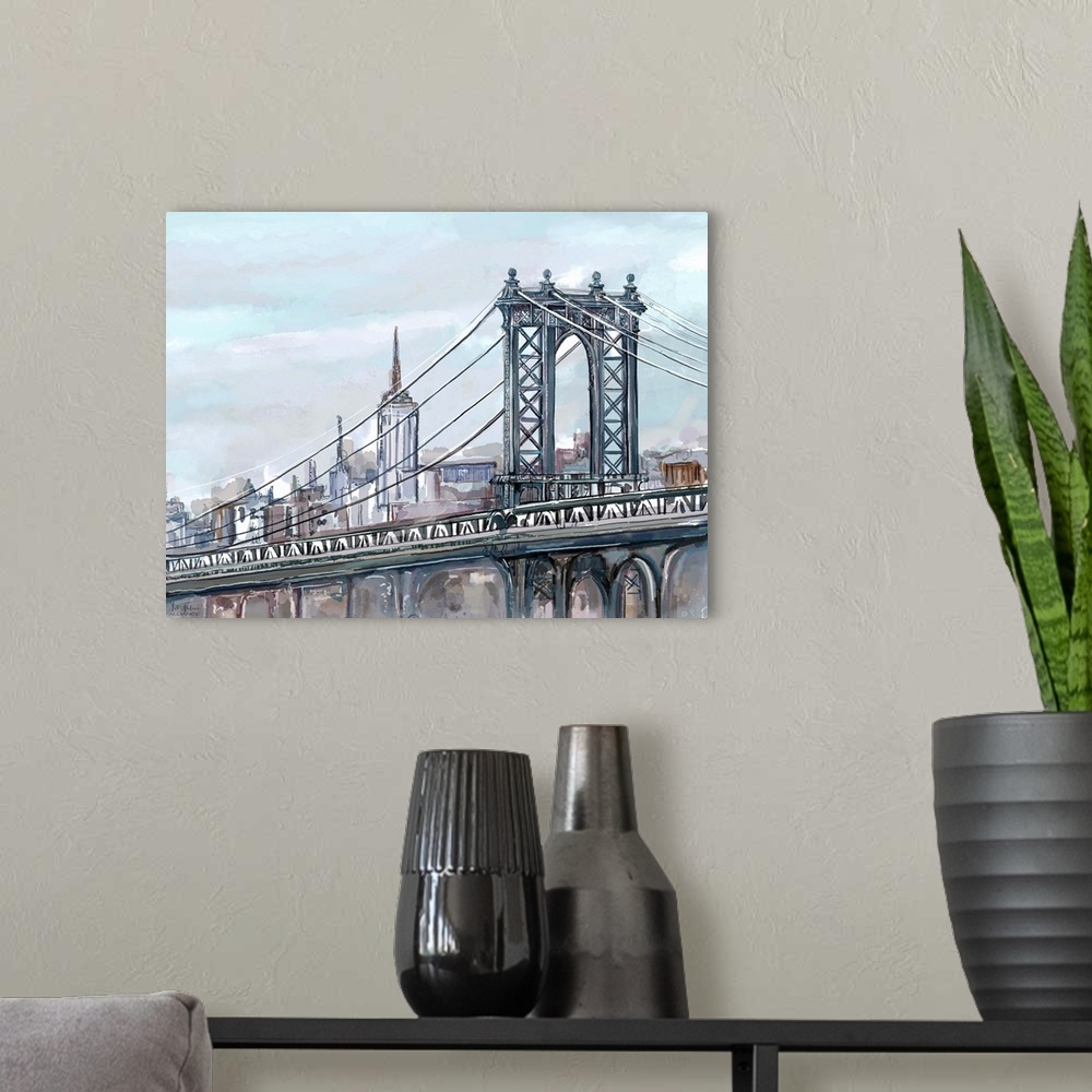 A modern room featuring Contemporary home decor artwork of the Manhattan Bridge in New York city.