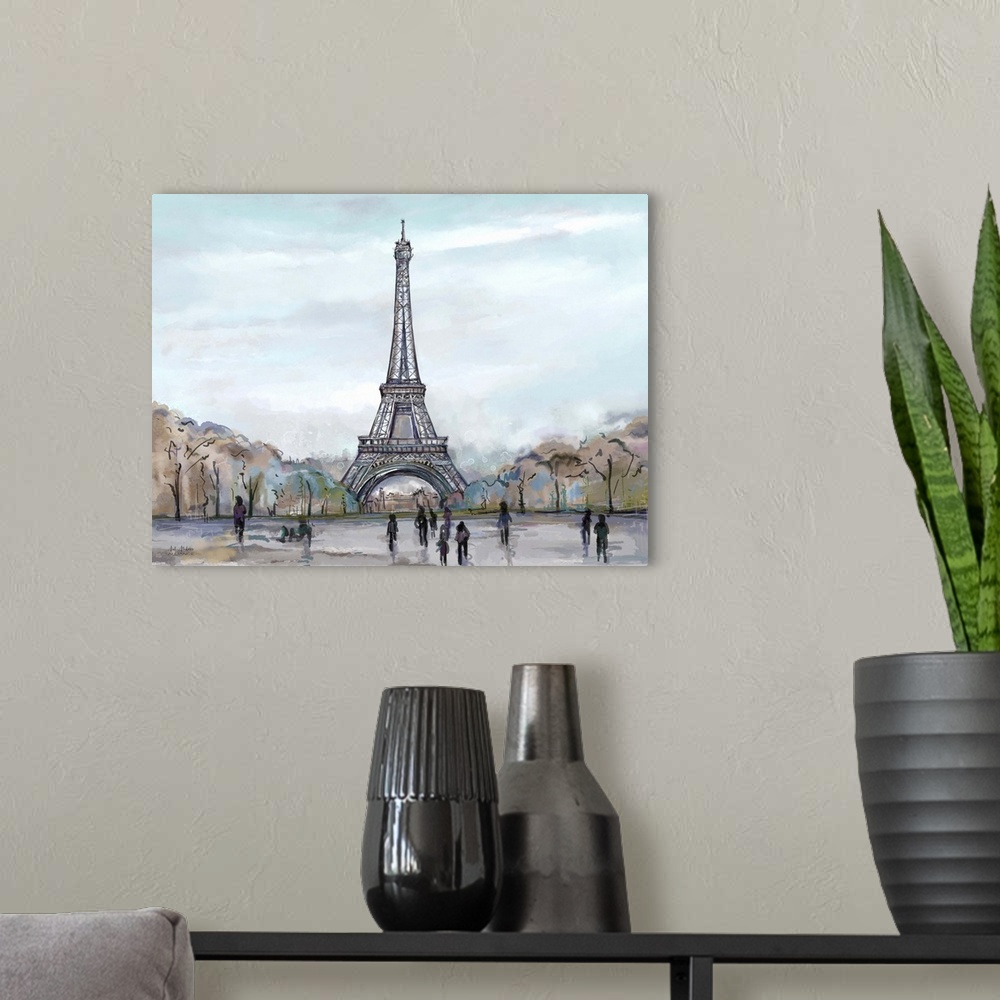 A modern room featuring Contemporary home decor artwork of the Eiffel Tower in Paris.