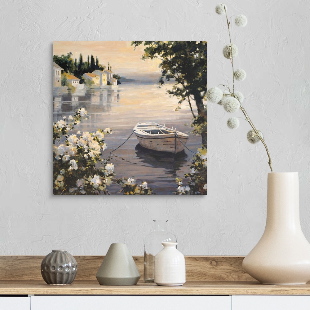 A farmhouse room featuring Contemporary painting of a small village harbor, with a white rowboat anchored near the shore.