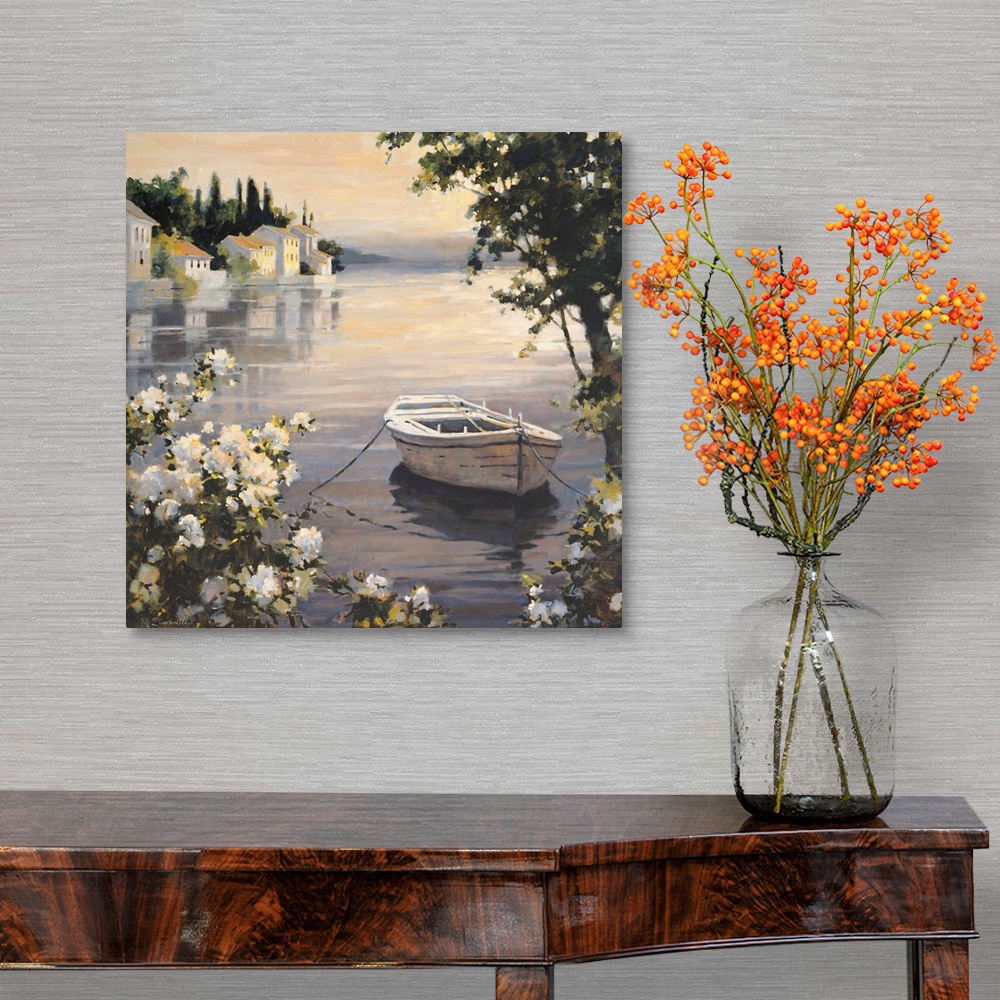 A traditional room featuring Contemporary painting of a small village harbor, with a white rowboat anchored near the shore.