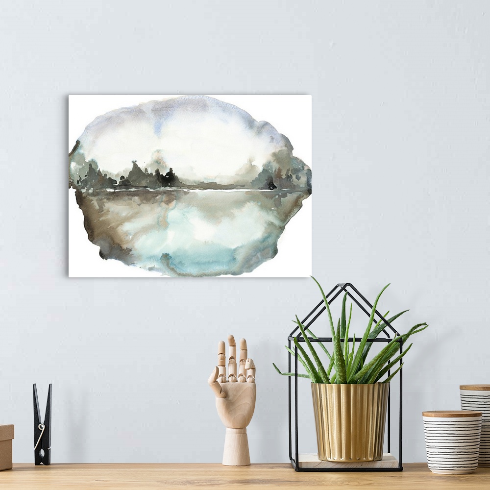 A bohemian room featuring Abstract landscape artwork in a liquid, organic shape, in cool tones.