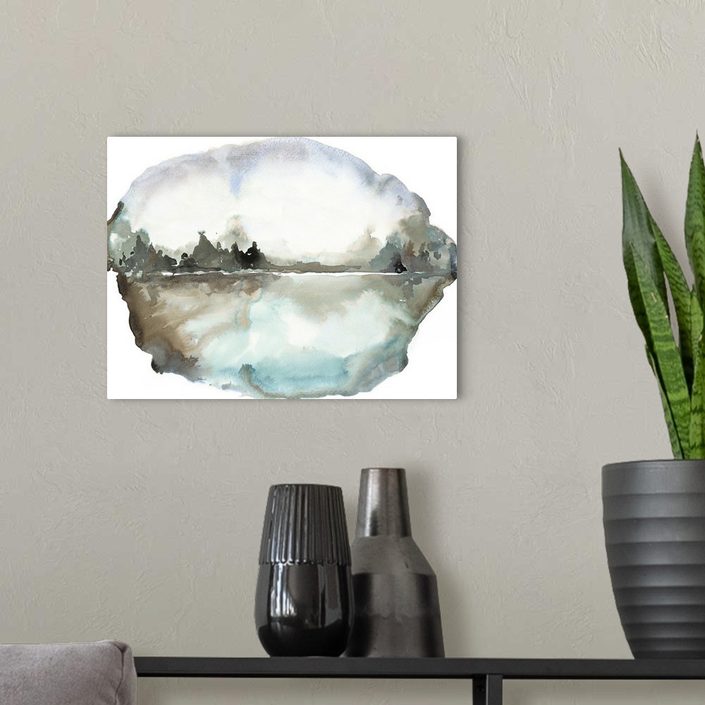 A modern room featuring Abstract landscape artwork in a liquid, organic shape, in cool tones.