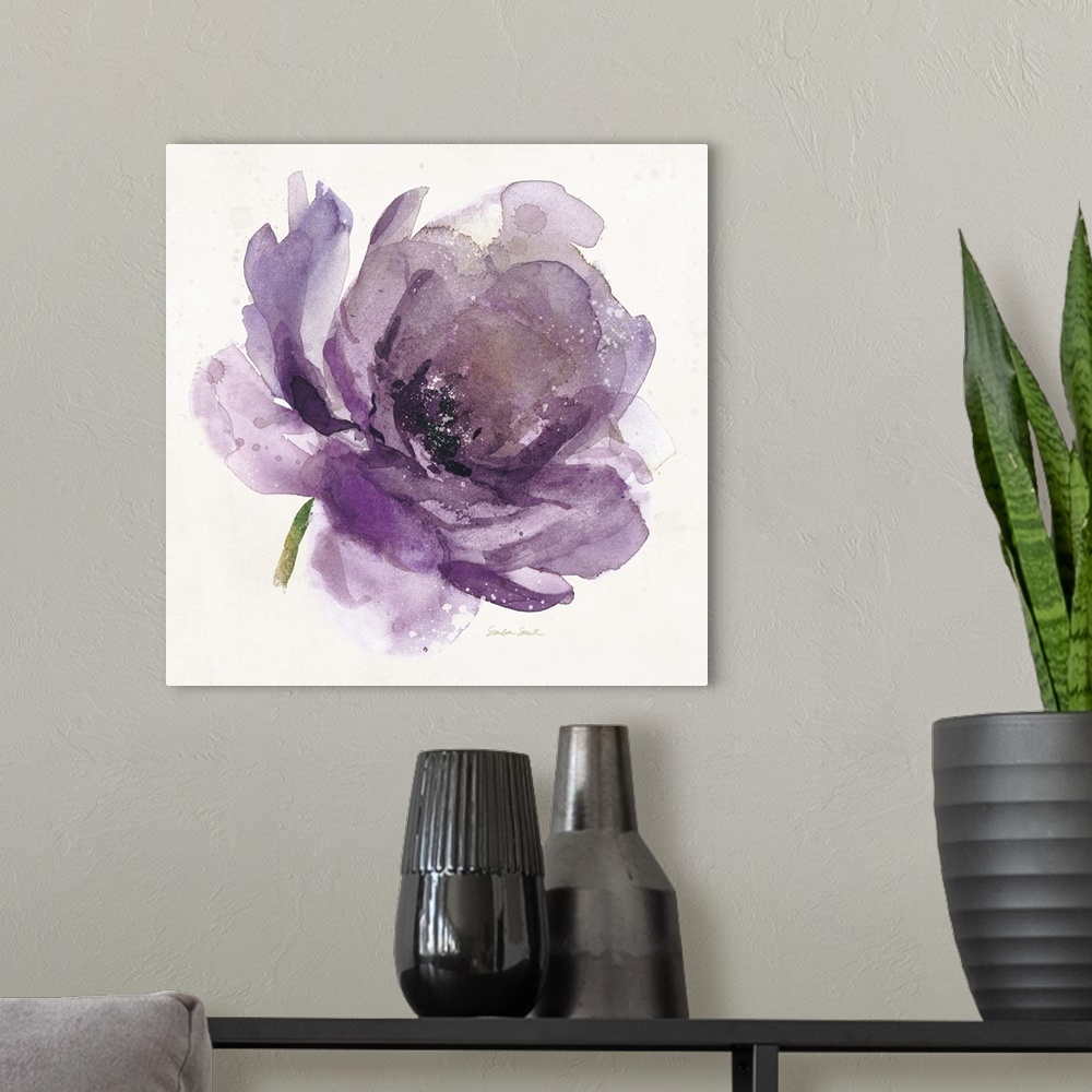 A modern room featuring Watercolor painting of a bright purple flower.