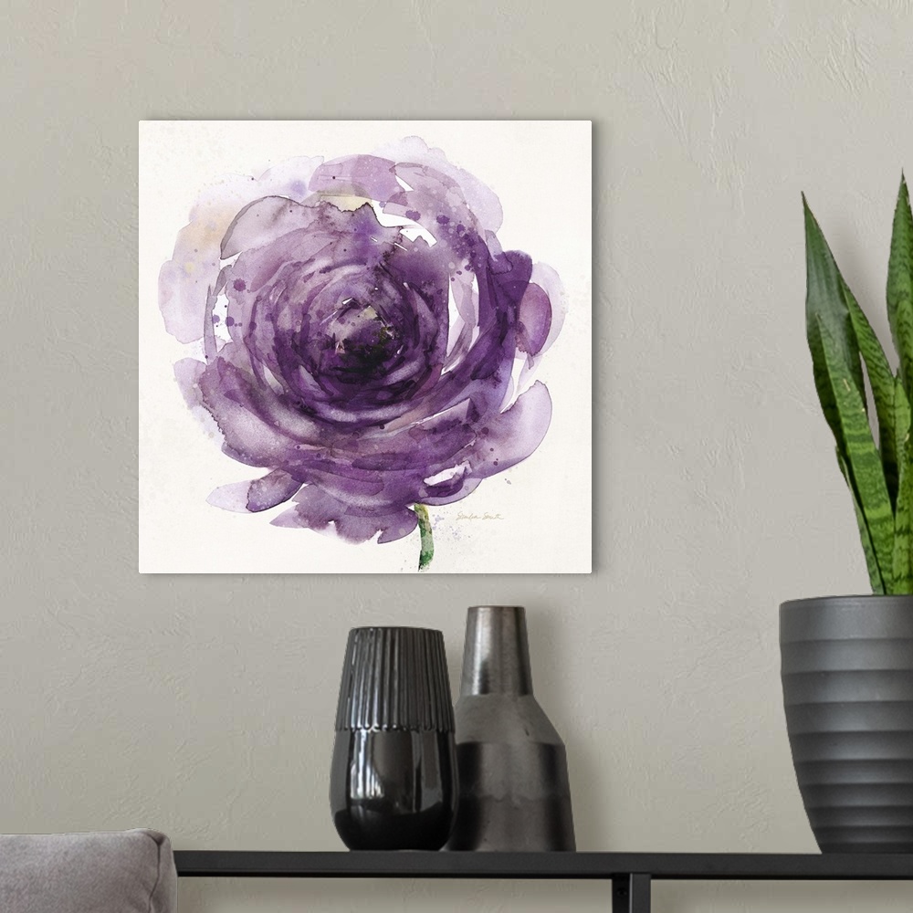 A modern room featuring Watercolor painting of a bright purple flower.