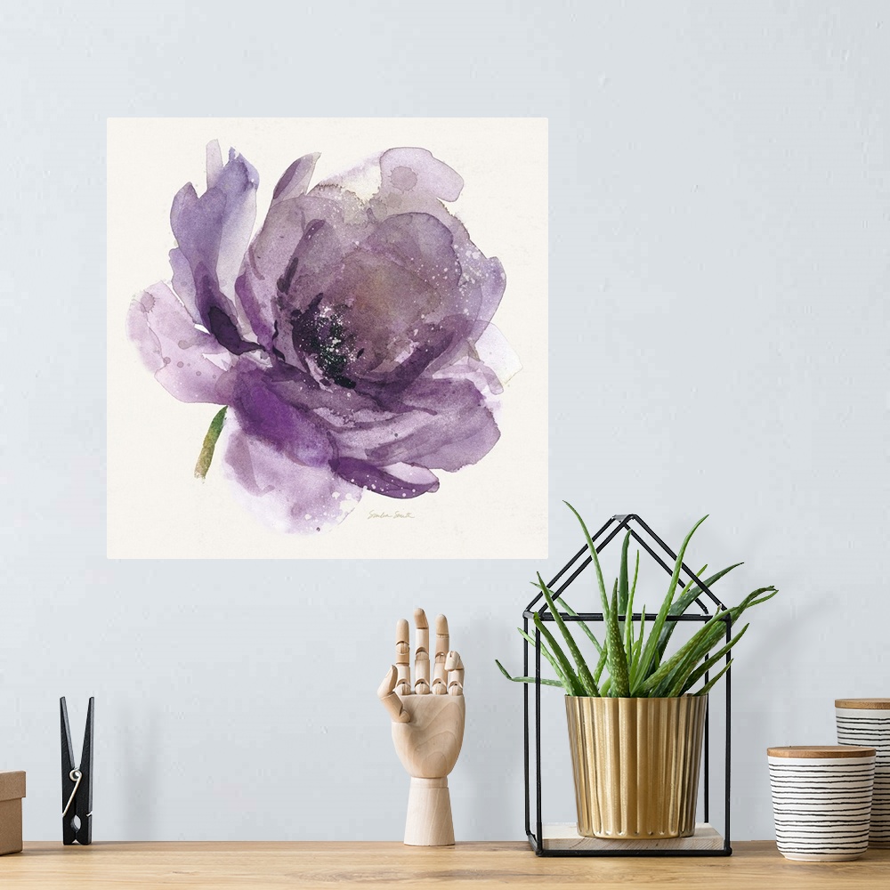 A bohemian room featuring Watercolor painting of a bright purple flower.