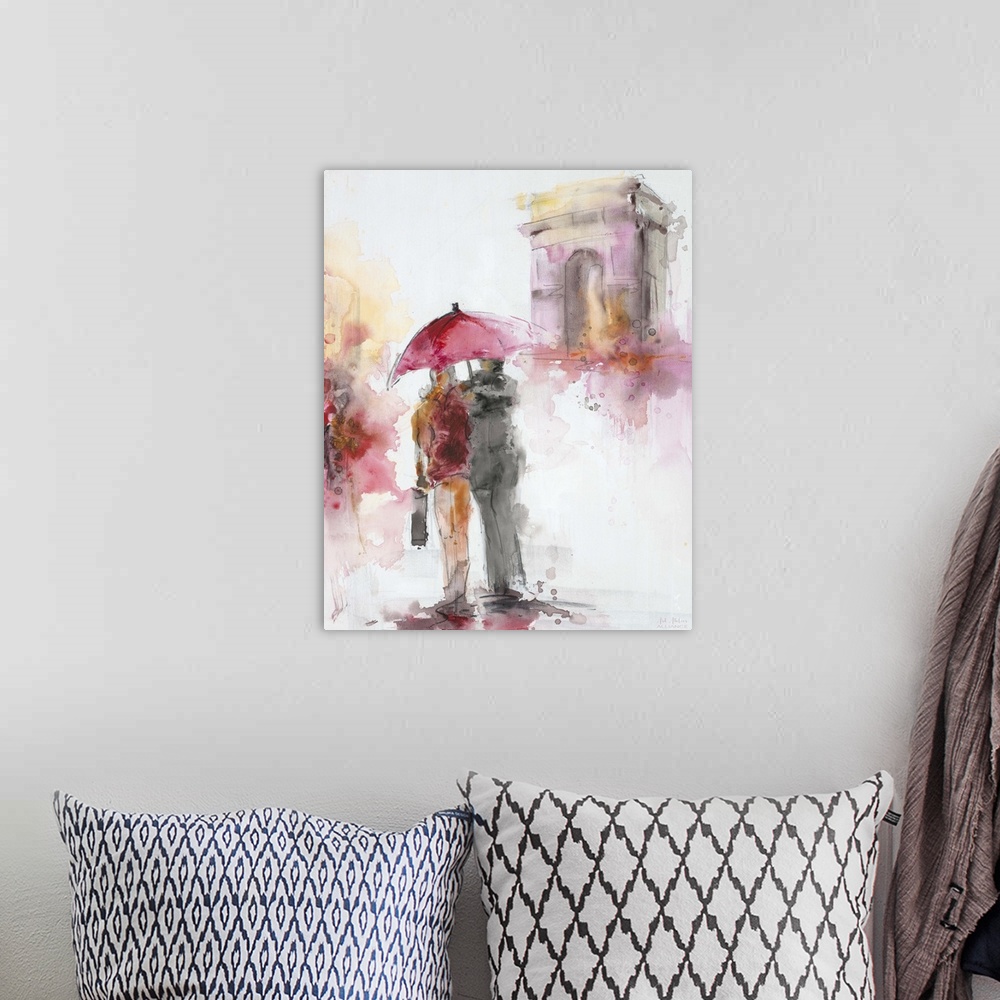A bohemian room featuring Contemporary artwork of a couple in a loving embrace walking together.