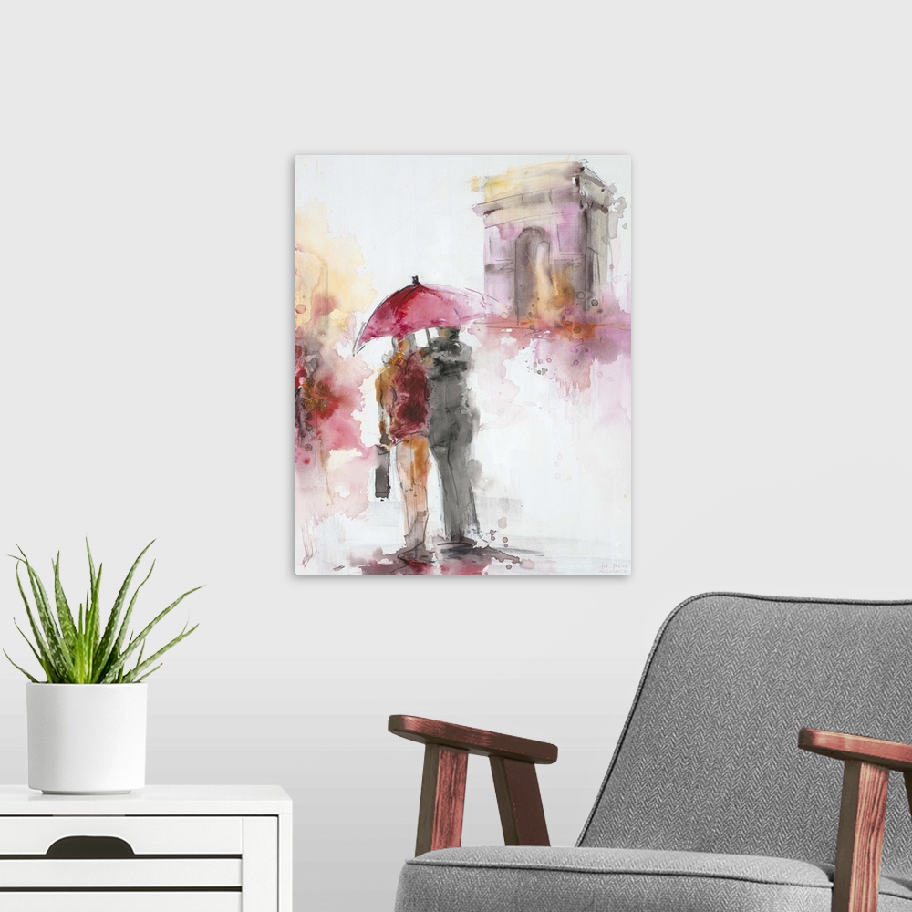 A modern room featuring Contemporary artwork of a couple in a loving embrace walking together.