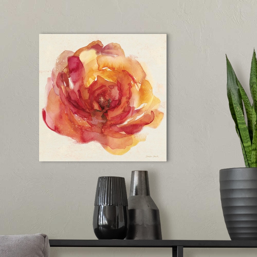A modern room featuring Watercolor painting of a bright orange rose.
