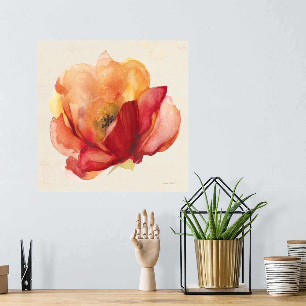 A bohemian room featuring Watercolor painting of a bright orange rose.