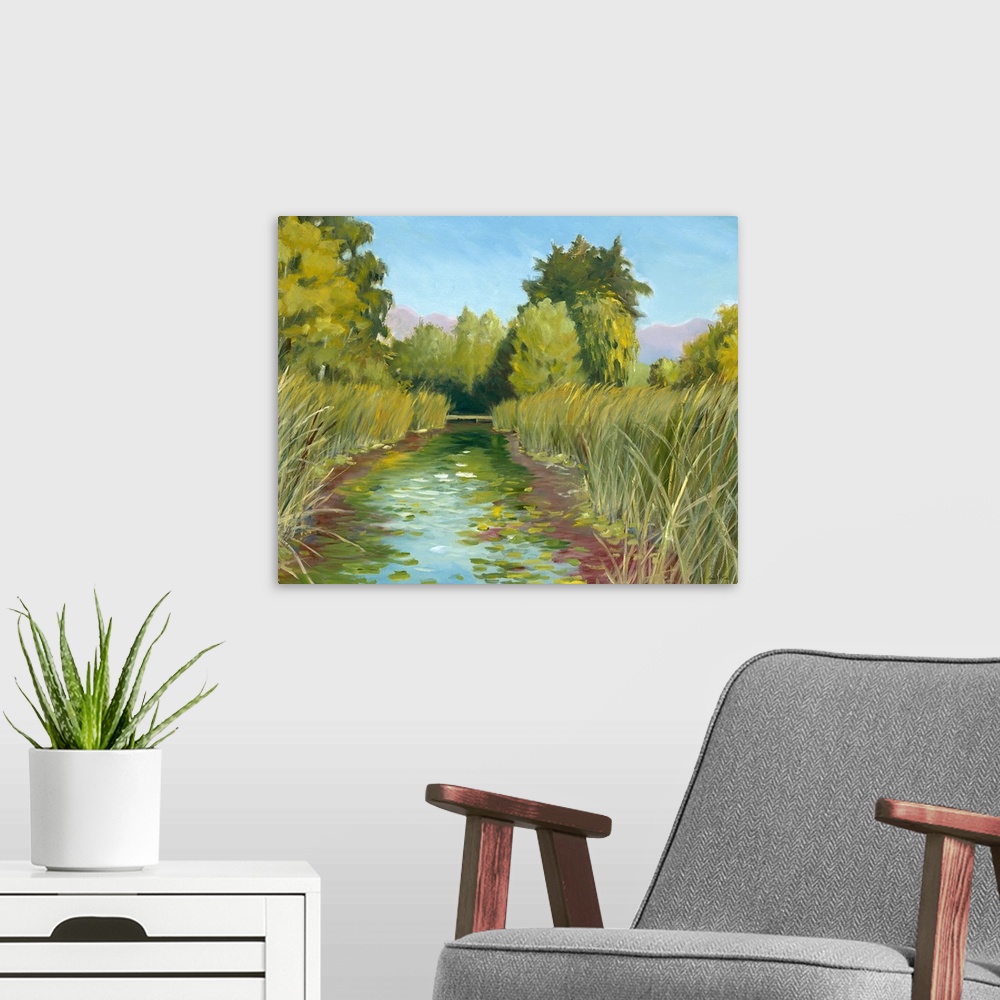 A modern room featuring Contemporary artwork of a marsh landscape with tall reeds and lily pads.