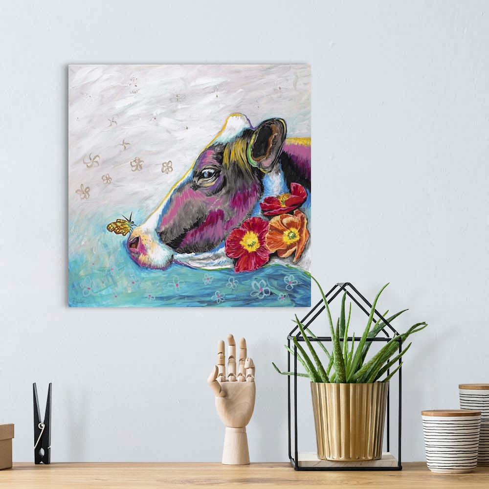 A bohemian room featuring Contemporary painting of a dairy cow with a butterfly on its nose.