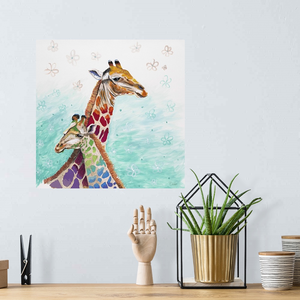 A bohemian room featuring Contemporary painting of two giraffes with rainbow spots.