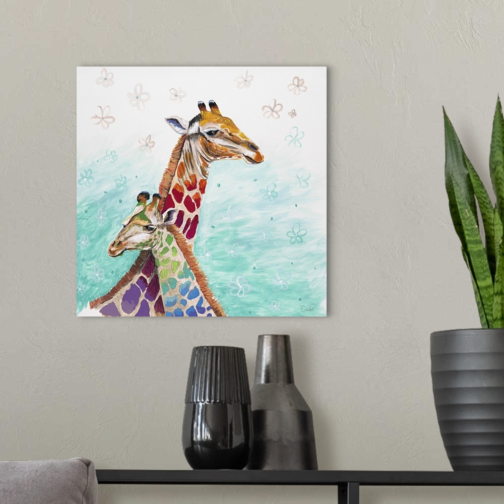 A modern room featuring Contemporary painting of two giraffes with rainbow spots.