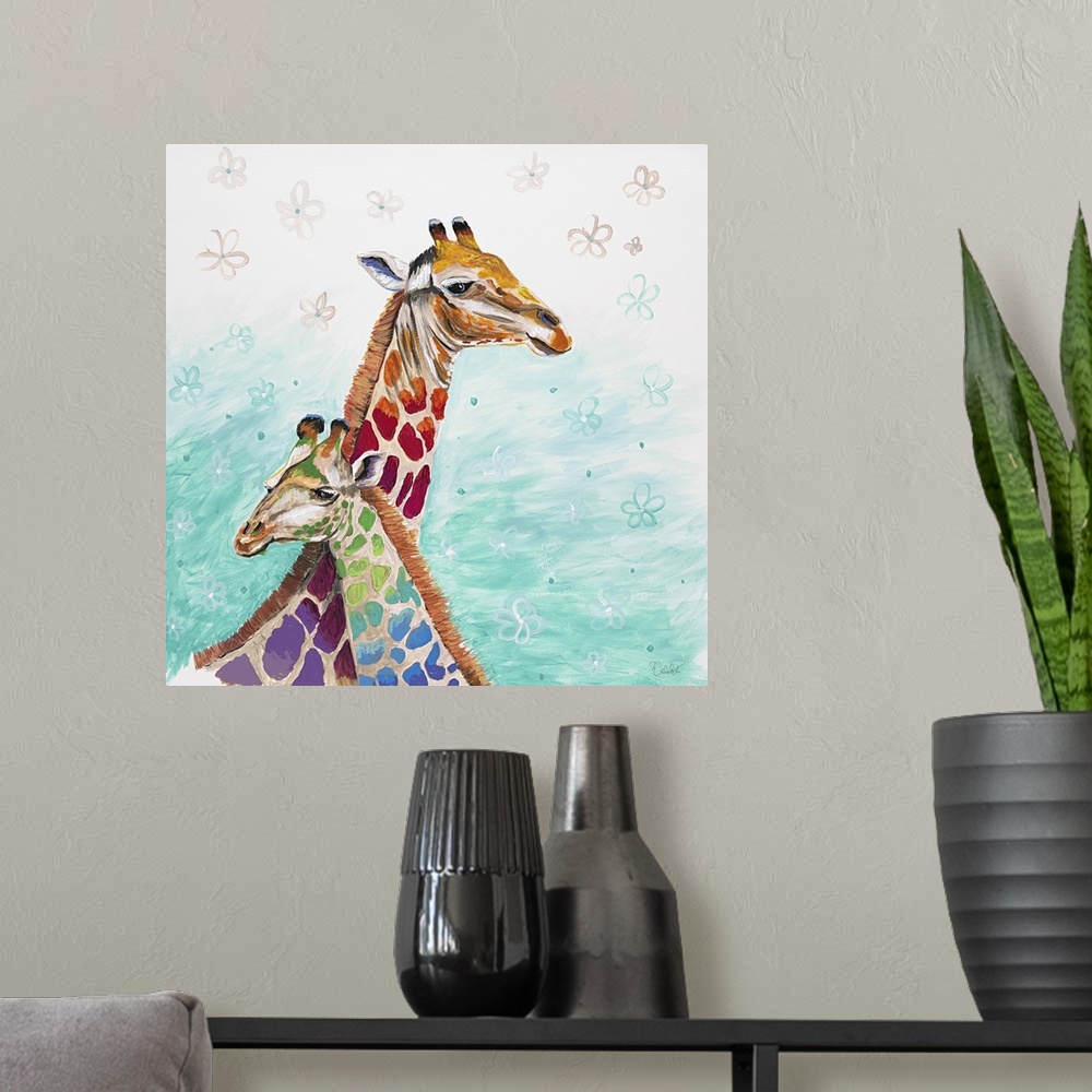 A modern room featuring Contemporary painting of two giraffes with rainbow spots.