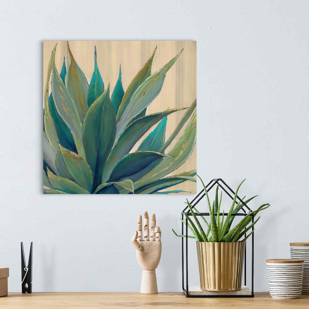 A bohemian room featuring Contemporary home decor artwork of an agave plant against a neutral background.