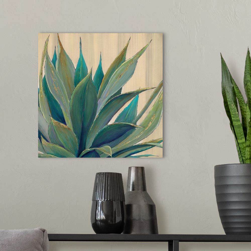 A modern room featuring Contemporary home decor artwork of an agave plant against a neutral background.