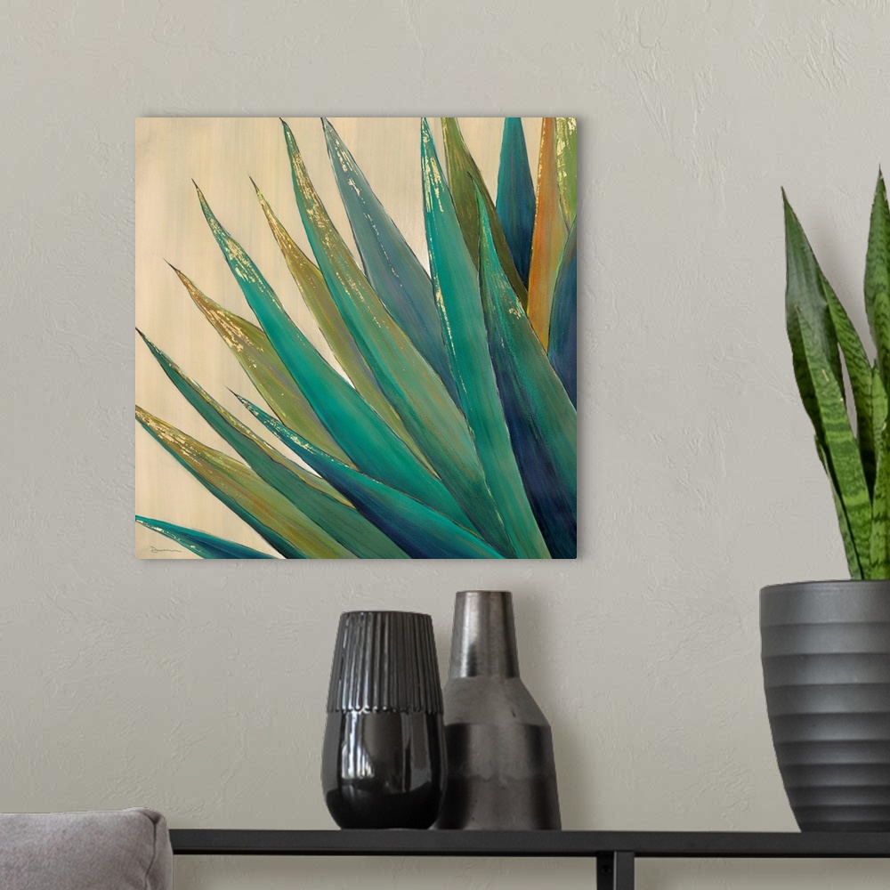 A modern room featuring Contemporary home decor artwork of an agave plant against a neutral background.