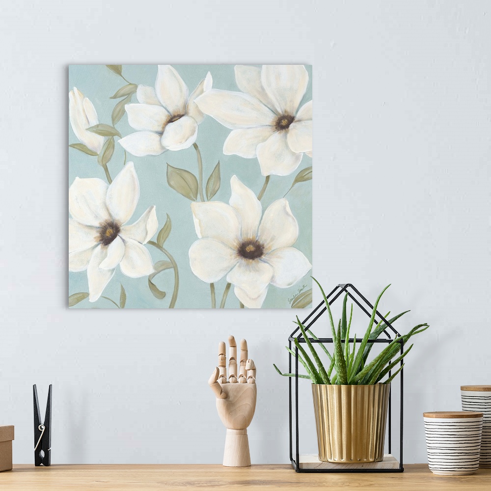 A bohemian room featuring Square panel painting of a group of white flowers with thin stems on a pale background.