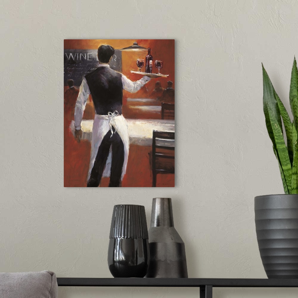 A modern room featuring Contemporary painting of a waiter holding a serving tray wine.