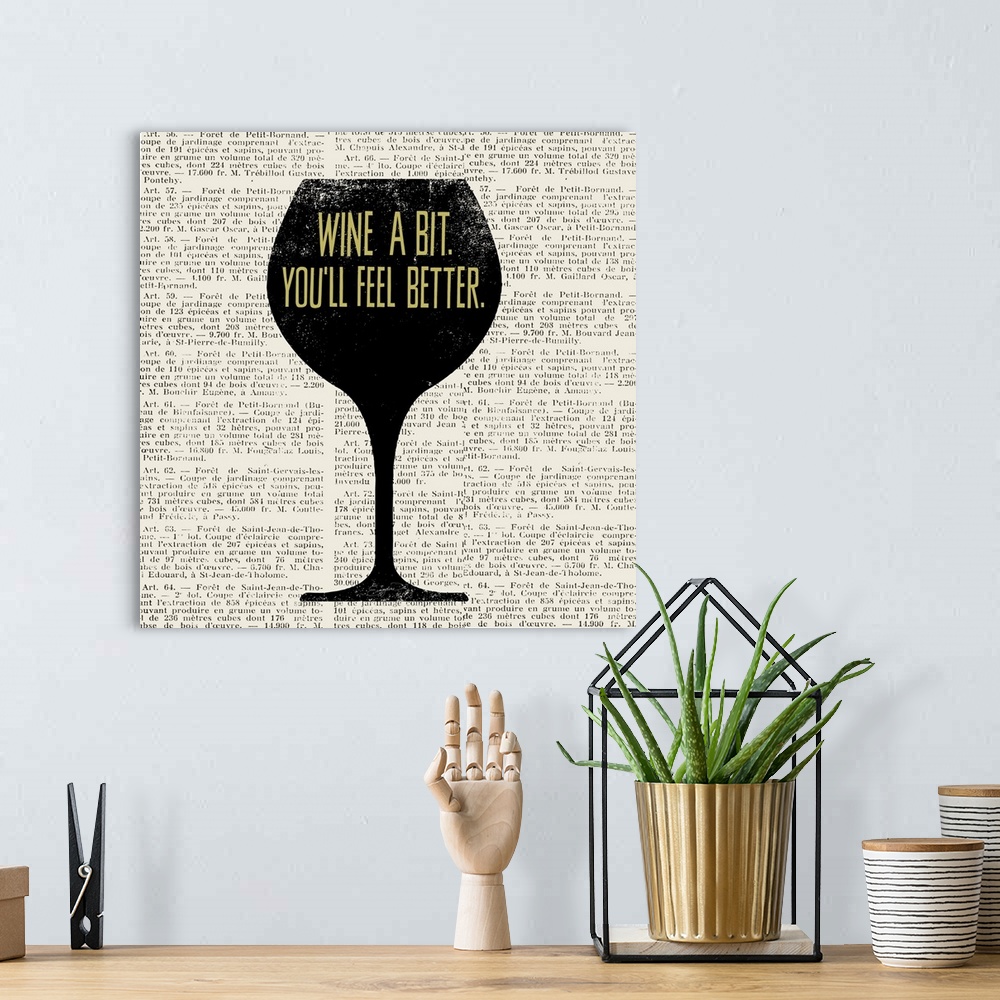A bohemian room featuring Fun and contemporary wine art using typography and newsprint.