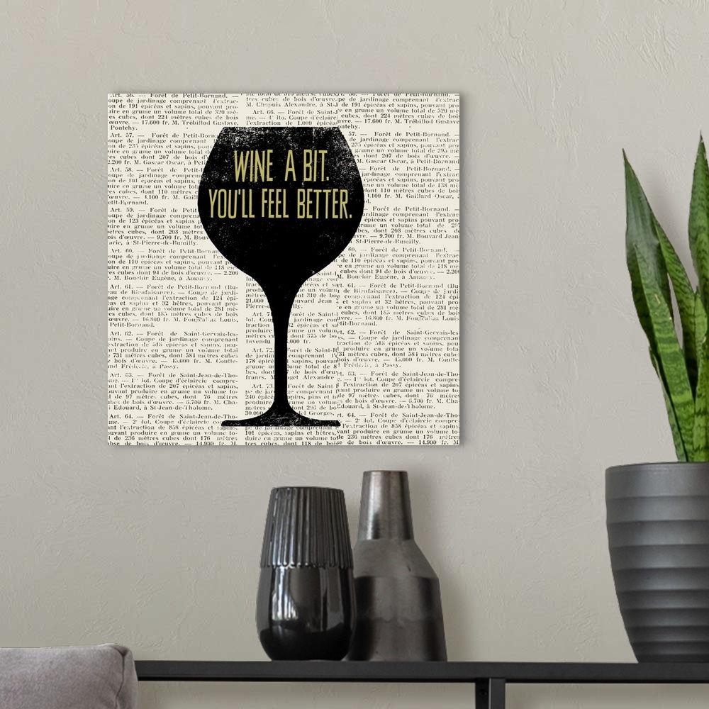 A modern room featuring Fun and contemporary wine art using typography and newsprint.