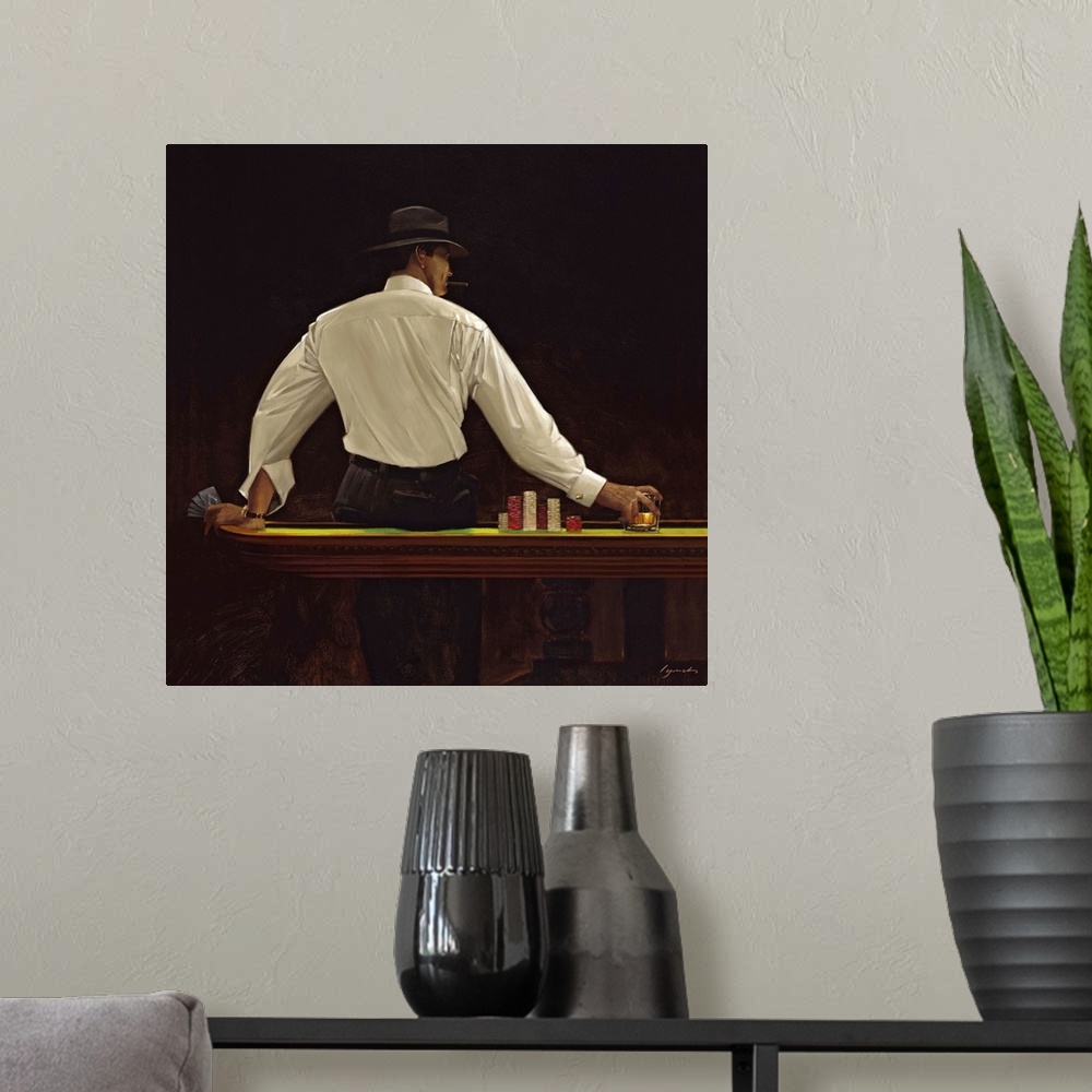 A modern room featuring Contemporary painting of man sitting on the edge of a casino table, holding playing cards in one ...