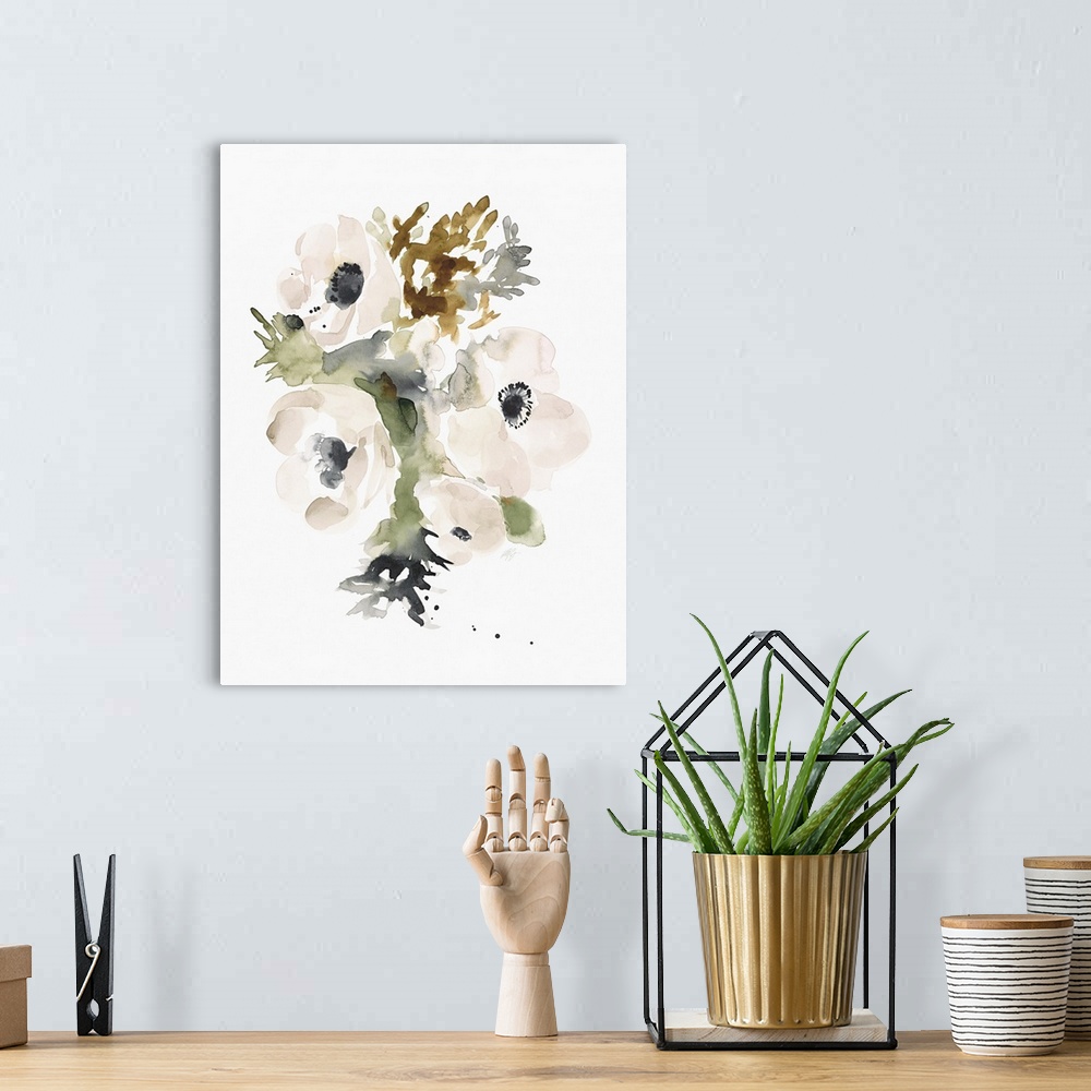 A bohemian room featuring Watercolor painting of a group of three white flowers with dark green leaves.