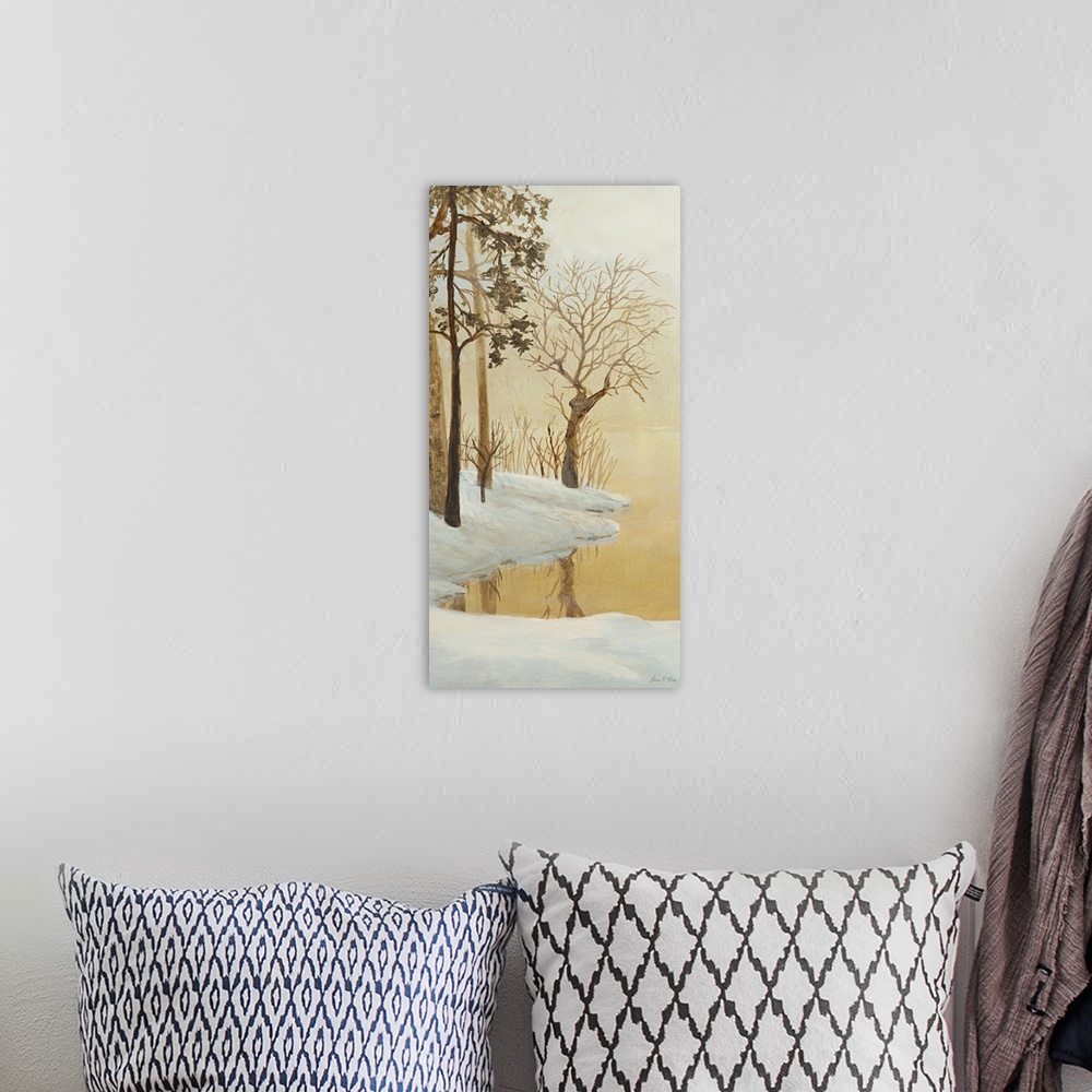 A bohemian room featuring Contemporary painting of a forest clearing seen through fog in winter.