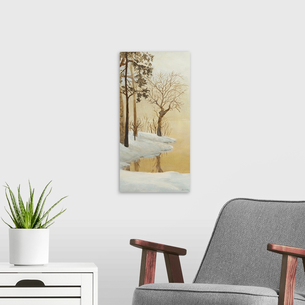 A modern room featuring Contemporary painting of a forest clearing seen through fog in winter.