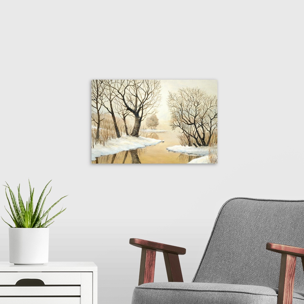 A modern room featuring Contemporary painting of a forest clearing seen through fog in winter.