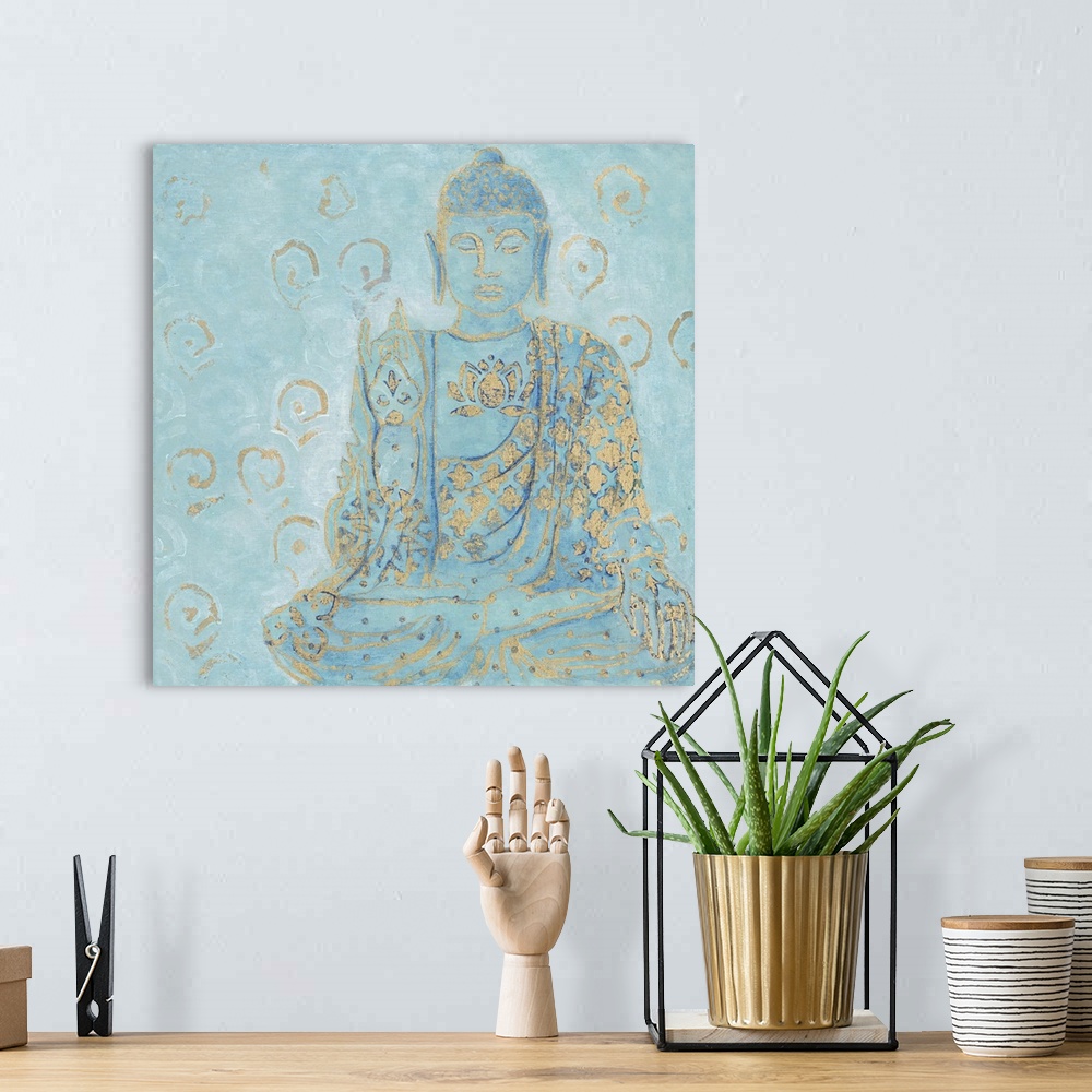 A bohemian room featuring Illustration of a Buddha statue in blue with golden designs.