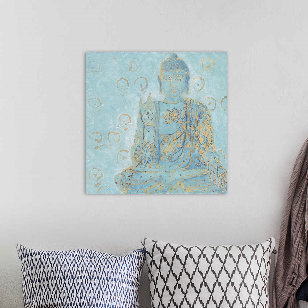 A bohemian room featuring Illustration of a Buddha statue in blue with golden designs.