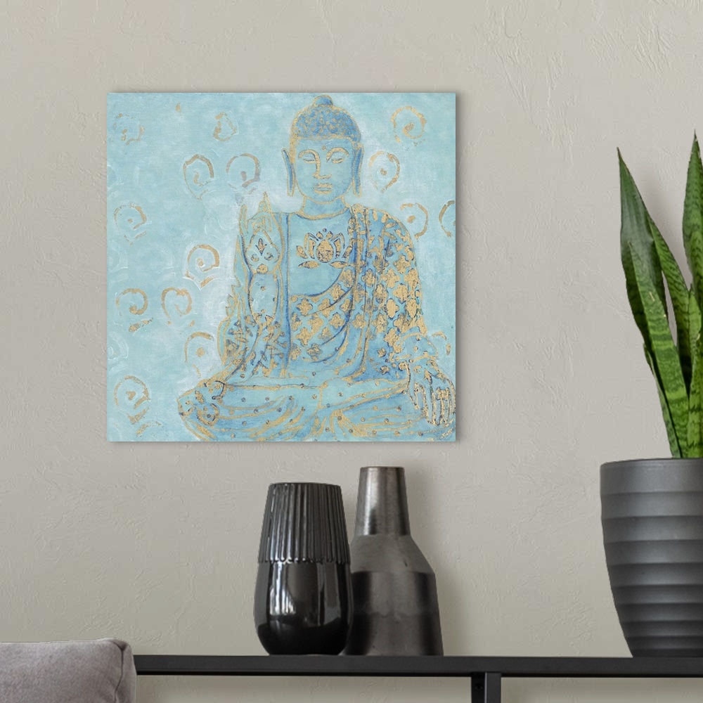 A modern room featuring Illustration of a Buddha statue in blue with golden designs.