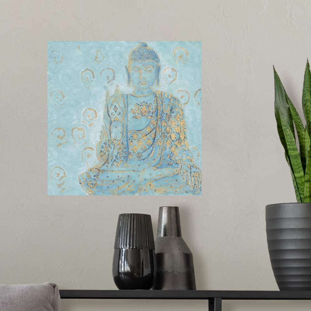 A modern room featuring Illustration of a Buddha statue in blue with golden designs.