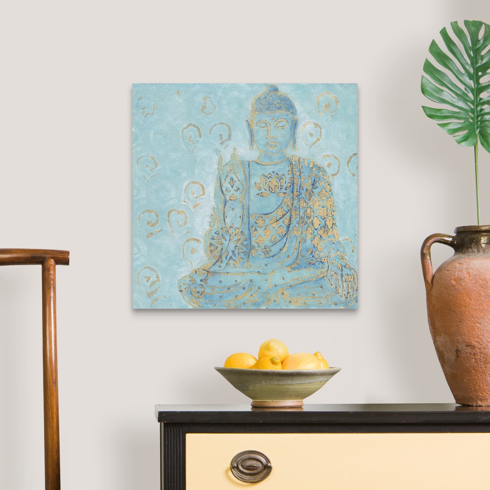 A traditional room featuring Illustration of a Buddha statue in blue with golden designs.