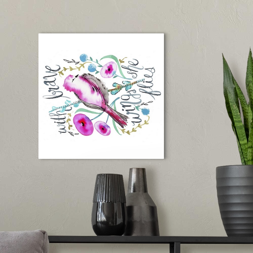 A modern room featuring Watercolor florals and bird with a handlettered sentiment.