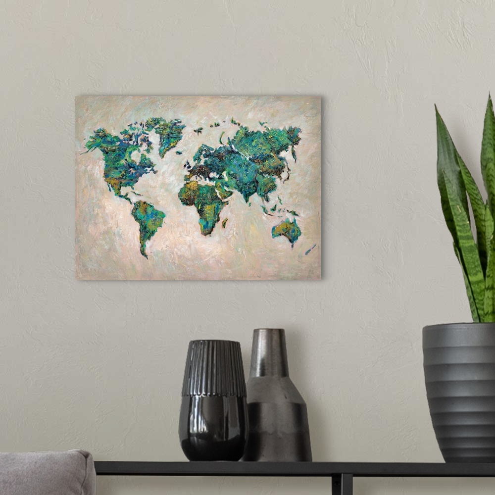 A modern room featuring Contemporary art print of the continents of the world in green and blue hues.
