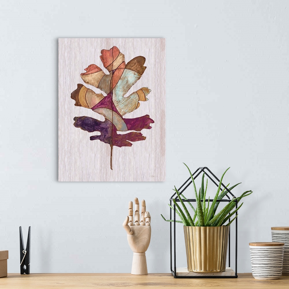 A bohemian room featuring Contemporary painting of a leaf displayed as a wood inlay against a neutral background.
