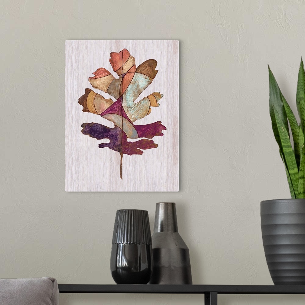 A modern room featuring Contemporary painting of a leaf displayed as a wood inlay against a neutral background.