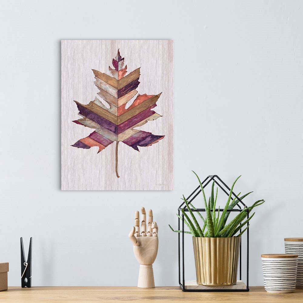 A bohemian room featuring Contemporary painting of a leaf displayed as a wood inlay against a neutral background.