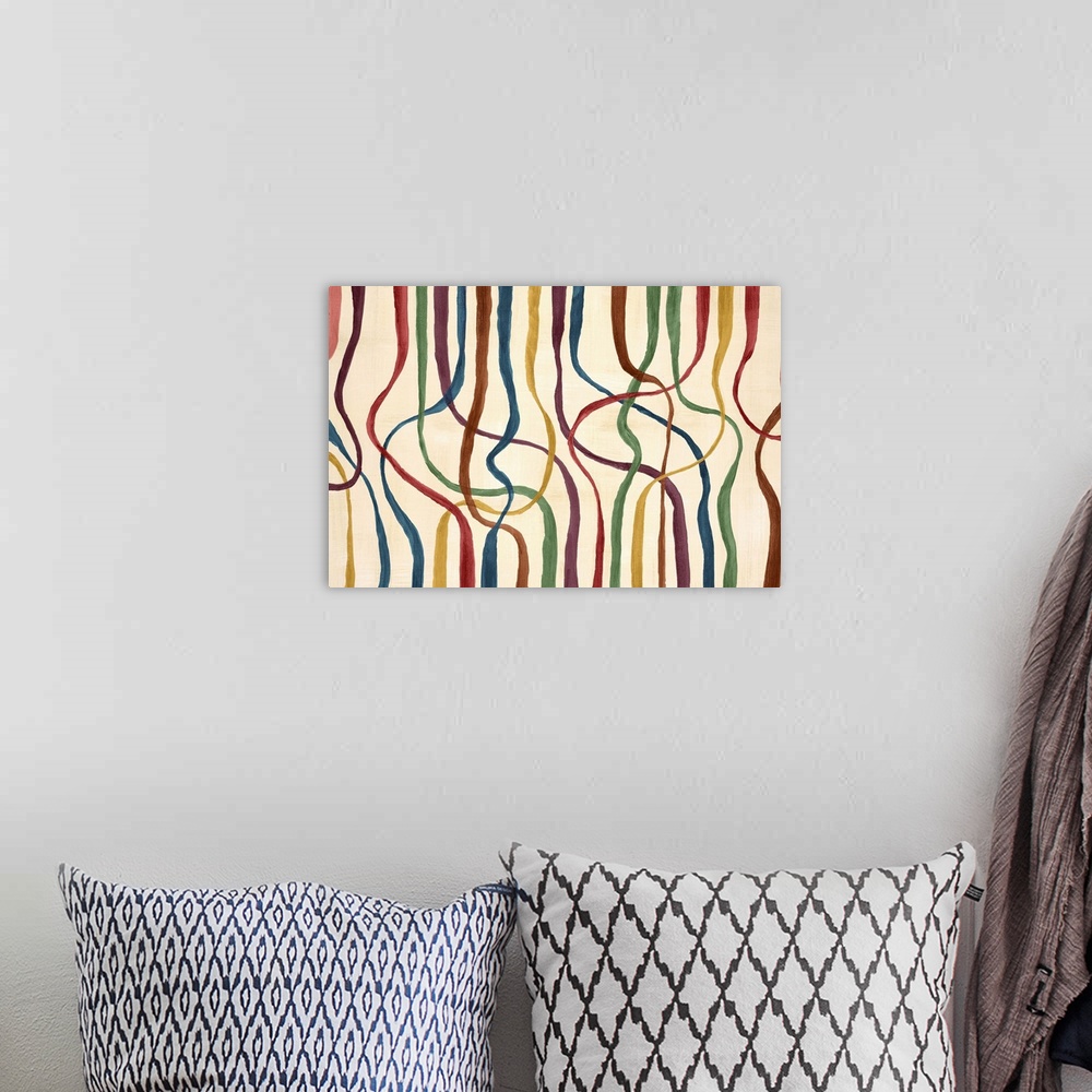 A bohemian room featuring Contemporary abstract home decor artwork of multi-colored lines against a cream background.